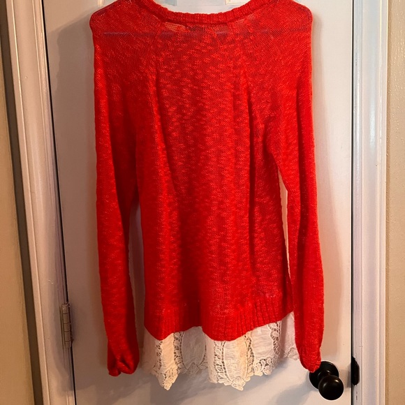 Democracy Medium Red Orange Sheer Sweater with Lace - Picture 2 of 4